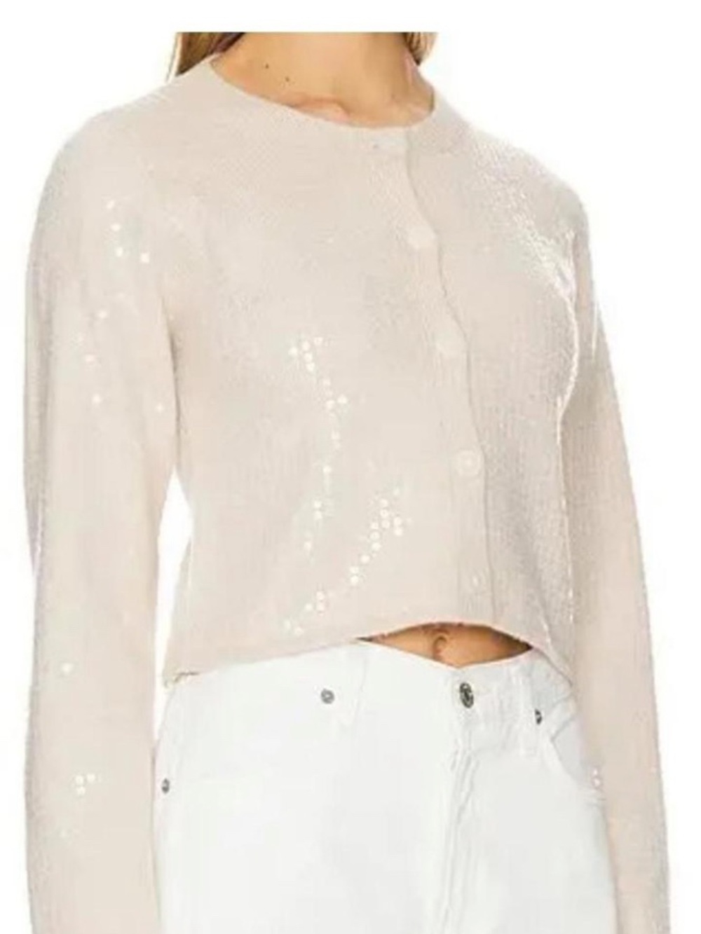LINE&DOT Sequin Anthropologie Shine On cream  crop cardigan sz XS
